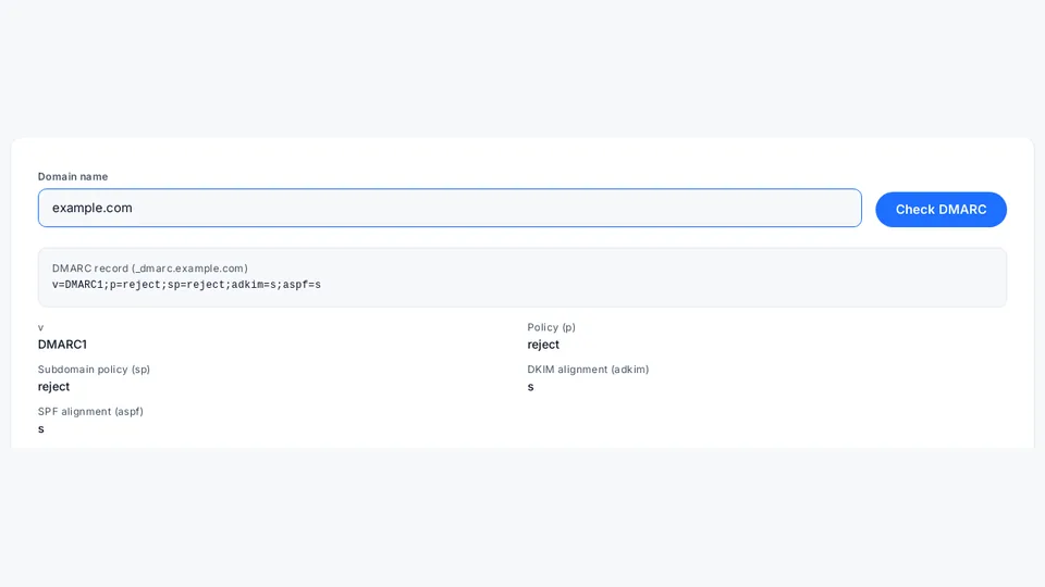 DMARC check result for example.com, a reserved demo domain, 27 October 2026