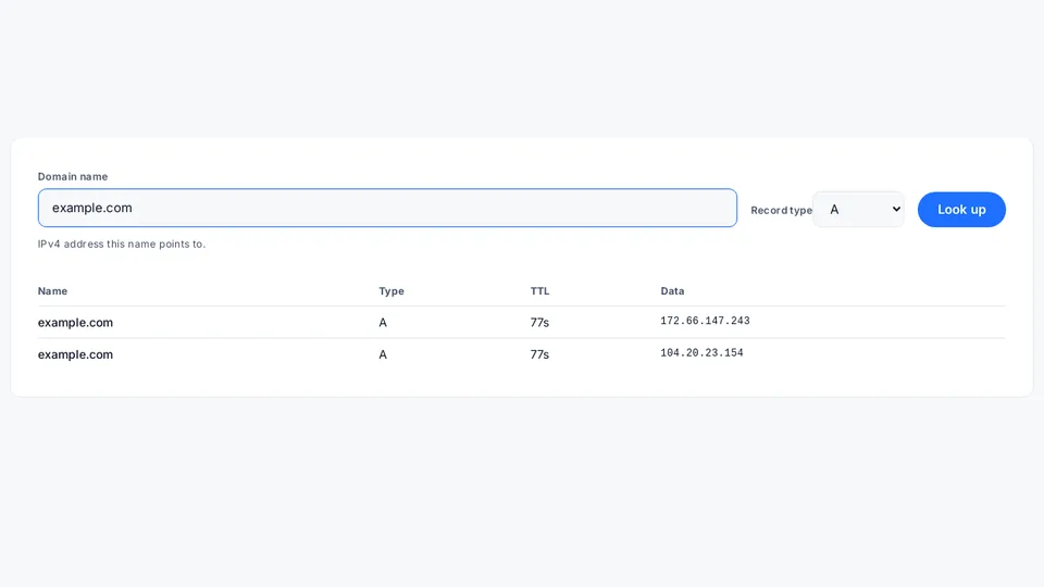 DNS lookup result for example.com, a reserved demo domain, 27 October 2026