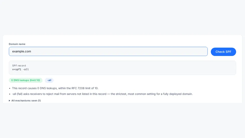 SPF check result for example.com, a reserved demo domain, 27 October 2026